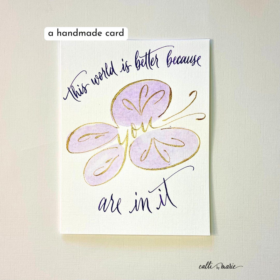 Handmade Butterfly Card – Purple and Gold Modern Calligraphy on White ...
