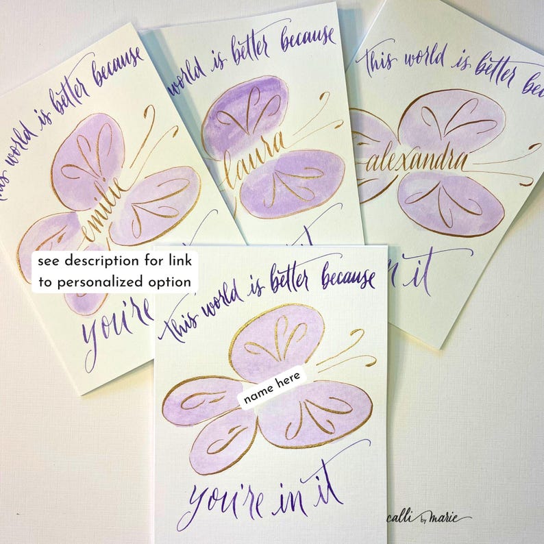Handmade Butterfly Card – Purple and Gold Modern Calligraphy on White ...