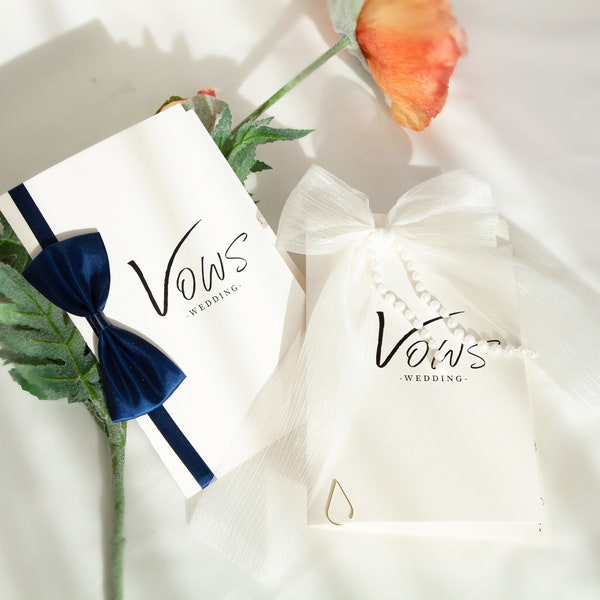 Bowknot and Blue Bow Tie Vow Cards, Wedding Vow Cards, Vow Cards Set of 2, Elegent Vow Booklets, Key Shape Pens