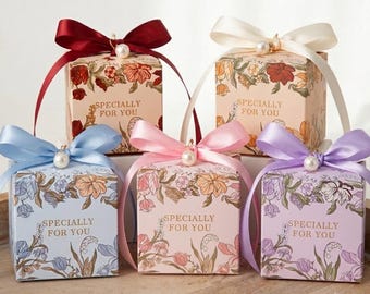 Set of 10 Floral Wedding Favor Boxes with Custom Tags, Personalized Party Gift Boxes
