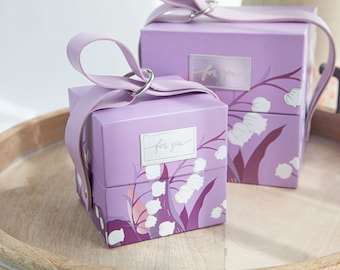 Purple Bluebell Flower Gift Box with Leather Strap, Wedding & Shower Favor Box