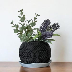 May include: A black ceramic planter with a geometric design, featuring a leafy green plant and purple flowers. The planter has a matching saucer.