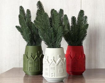 Snow Village Vase for Dried or Artificial Flowers | White Red or Green Christmas Vase | Modern Holiday Home Decor | Unique 3D Printed Vase
