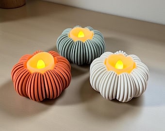 Pumpkin Tea light Candle Holder | 3pc Set with Flameless Tea Lights | Fall Halloween Gift | Unique 3D Printed Home Decor
