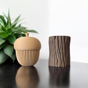 Tree Stump Toothbrush Holder and Acorn Container With Lid | 2pc Nature Themed Bathroom Decor | Woodland Decor | Unique 3D Printed Decor
