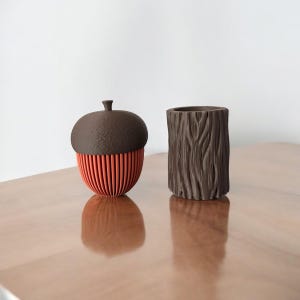 Tree Stump Toothbrush Holder and Acorn Container With Lid | 2pc Nature Themed Bathroom Decor | Woodland Decor | Unique 3D Printed Decor