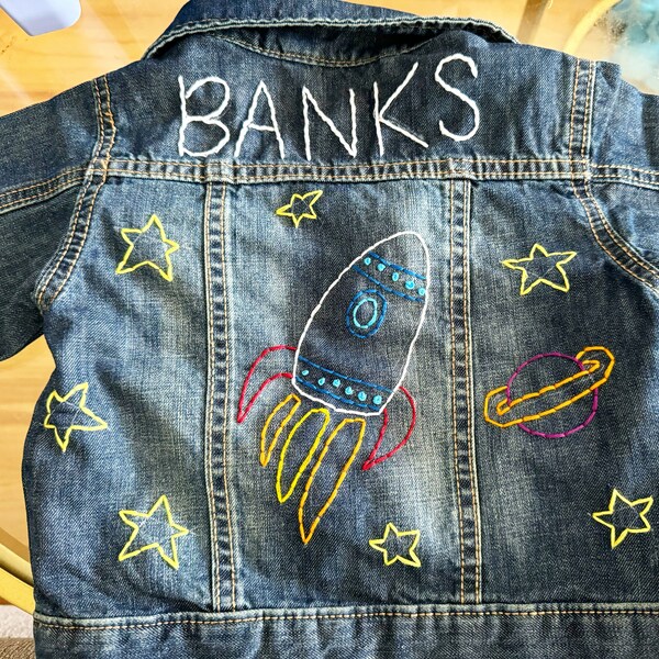 Hand embroidered, personalized space jean jacket