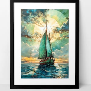 Emerald Dream Digital Download Art, Ocean Art, Sea Art, Sailing, Sunset, Home Décor, Sailboat Art Print, Printable Art, Wall Art, Nautical