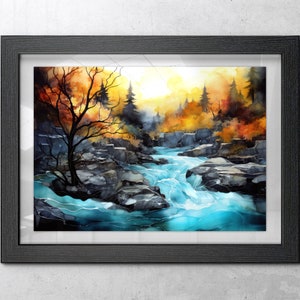 Mystic River Digital Download Art, Autumn Trees, Blue River Art, Fall Home Décor, Printable Wall Art, Instant Download, Abstract Art