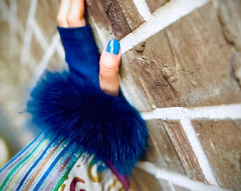 Denim & fur gloves