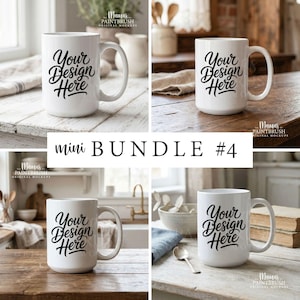 Könnte beinhalten: Vier weiße Keramikbecher mit dem Text "Your Design Here" in einer Schreibschrift. Jeder Becher wird auf einer anderen Holzoberfläche präsentiert. Das Bild ist ein Mini-Bundle von Bechern, ideal für die Präsentation von Designs.