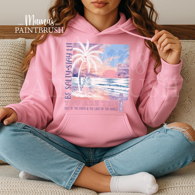 This “Be Salty, Stay Lit” Christian PNG design inspired by Matthew 5:13–16 features a peaceful tropical sunset, palm trees, ocean waves, and a cross—symbolizing faith, light, and God’s calling for believers to shine in the world. With its soft pastel coastal colors and uplifting Bible verse message, this digital download is perfect for creating faith-based apparel, gifts, and home décor.