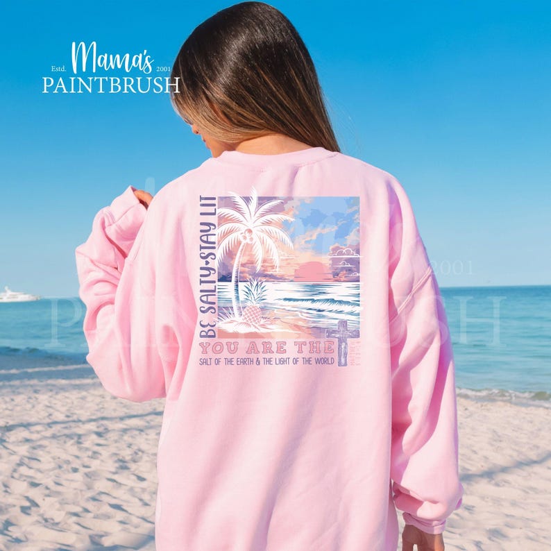 This “Be Salty, Stay Lit” Christian PNG design inspired by Matthew 5:13–16 features a peaceful tropical sunset, palm trees, ocean waves, and a cross—symbolizing faith, light, and God’s calling for believers to shine in the world. With its soft pastel coastal colors and uplifting Bible verse message, this digital download is perfect for creating faith-based apparel, gifts, and home décor.