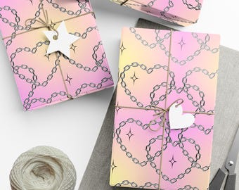 Y2K Chain Heart Wrapping Paper, Pink Yellow Gradient, Xmas Gift Wrap