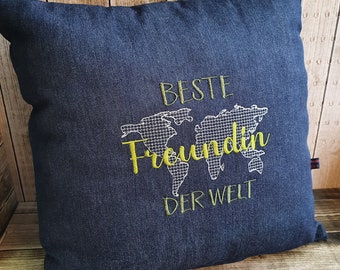 Kissen 40x40cm bestickt " Beste Freundin der Welt " Jeans Denim Freundschaft Valentinstag Geburtstag Weihnachten Ostern