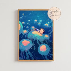 kwallen illustratie kunst aan de muur kinderkamer accessoires droom kind fantasie behang kawaii canvas geestelijke gezondheid cadeau stressverlichting jongen