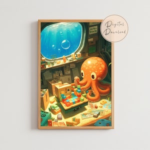Poulpe orange amusant avec des blocs art apprentissage positif accessoires pour chambre d'enfant santé mentale papier peint kawaii toile soulèvement cadeau réessayez