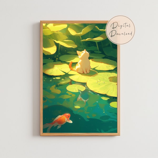 cat illustration calm down wall art nursery room accessories mental health wallpaper kawaii canvas anxiety giftful koi print stress relief