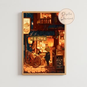 Arte de pared con lugar tranquilo de Shiba Inu, accesorios para habitación, miedo a la oscuridad, papel tapiz de comida japonesa, lienzo kawaii, impresión de regalo, amigos, fideos