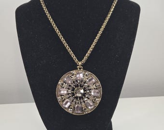 Vintage Byzantine Medallion Necklace, Large Lilac Crystal Sunburst Pendant, Antiqued Gold Wheat Chain, Victorian Revival Statement Jewelry