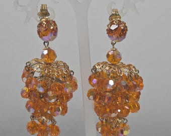 Vintage Orange AB Bead Cluster Clip-On Earrings | Mid-Century Cha-Cha Dangle Drop | Retro Aurora Borealis Costume Jewelry | Fall Aesthetic