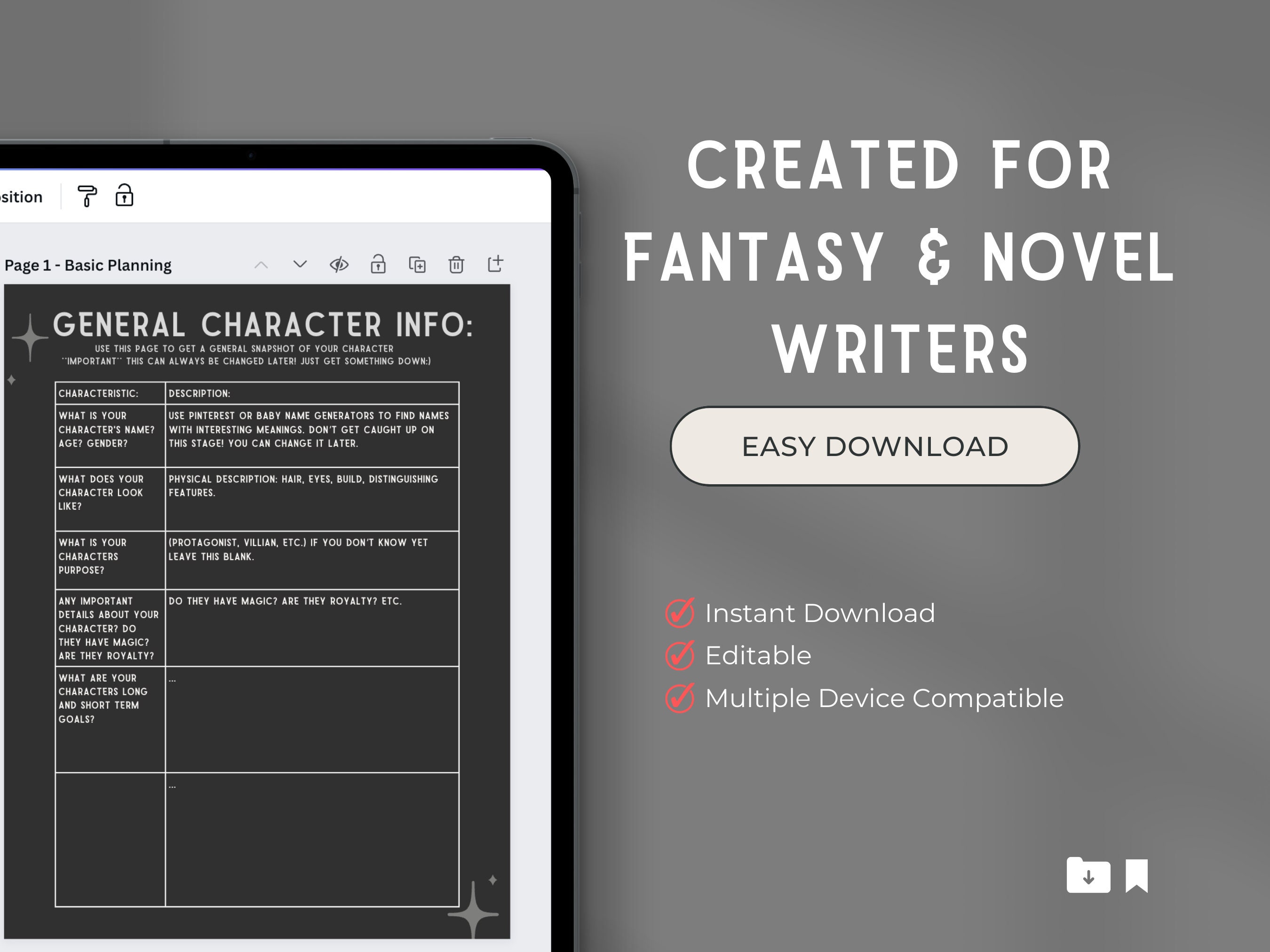 Editable Writing Template for Novelists Writer Character Builder