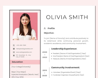 Editable Pink Sorority Resume With Photo | Minimalist Sorority Resume Template | Rush Resume Template CANVA | Sorority Resume Template