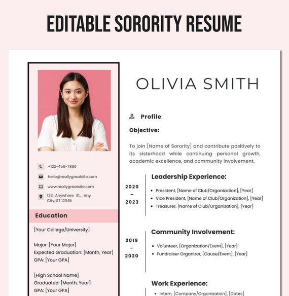 Editable Pink Sorority Resume With Photo Minimalist Sorority