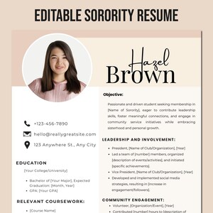 Editable Sorority Resume With Photo | Minimalist Sorority Resume Template | Rush Resume Template CANVA | Digital Sorority Resume Template