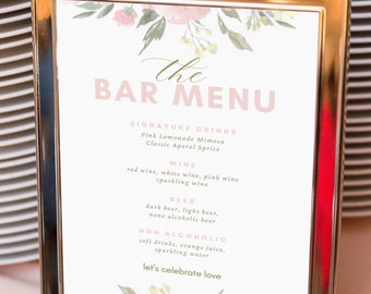 Floral Wedding Menu Sign template 5x7" | Wedding Drinks Sign | The Bar Sign | Bar Menu Template | Editable Drink Menu | Edit with CANVA