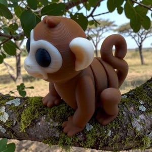 May include: A brown and white monkey figurine with large black eyes and white ears. The monkey is perched on a mossy tree branch. The background features green leaves and trees.
