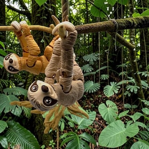 May include: Two toy sloths hanging upside down from a branch and rope in a lush green forest. The sloths are tan and brown with detailed features, including large eyes and articulated limbs. The background features dense foliage.