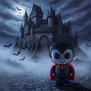 May include: A stylized vinyl figure of a vampire with a large head, black hair, a red bow tie, and a red-lined black cape. The figure stands on a stone path in front of a dark, multi-towered castle under a full moon with flying bats in the sky.