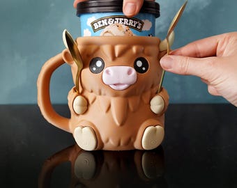 Highland Cow Ice Cream Pint Holder – 3D Printed Cozy, Farmhouse Decor