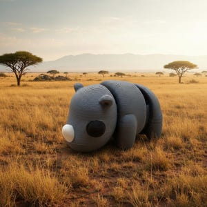 May include: A gray, stylized sculpture of a hippo with a white snout and black eye, resting in a field of tall, dry grass. The sculpture has a textured, layered design. The background features trees and a hazy sky.