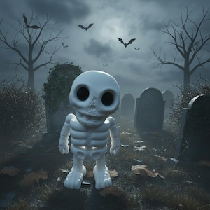 May include: A white, stylized skeleton figurine with a large, rounded head and oversized black eye sockets. The figure has a simplified rib cage and jointed limbs, standing upright with a smooth, matte finish against a dark, foggy graveyard.