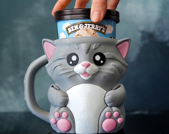 3D Printed Cat Ice Cream Pint Holder – Hugging Kitty Cozy Accessory
