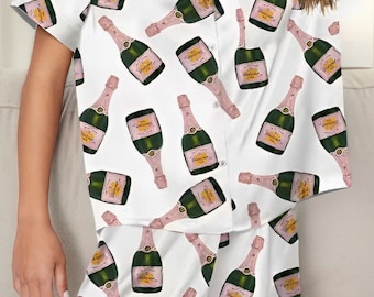 Pijamas de champán - Pijamas de dama de honor, lindo regalo para dama de honor, pijamas de cita nocturna, juego corto para beber botellas de vino, pijamas de botellas de vino, pijamas de fiesta