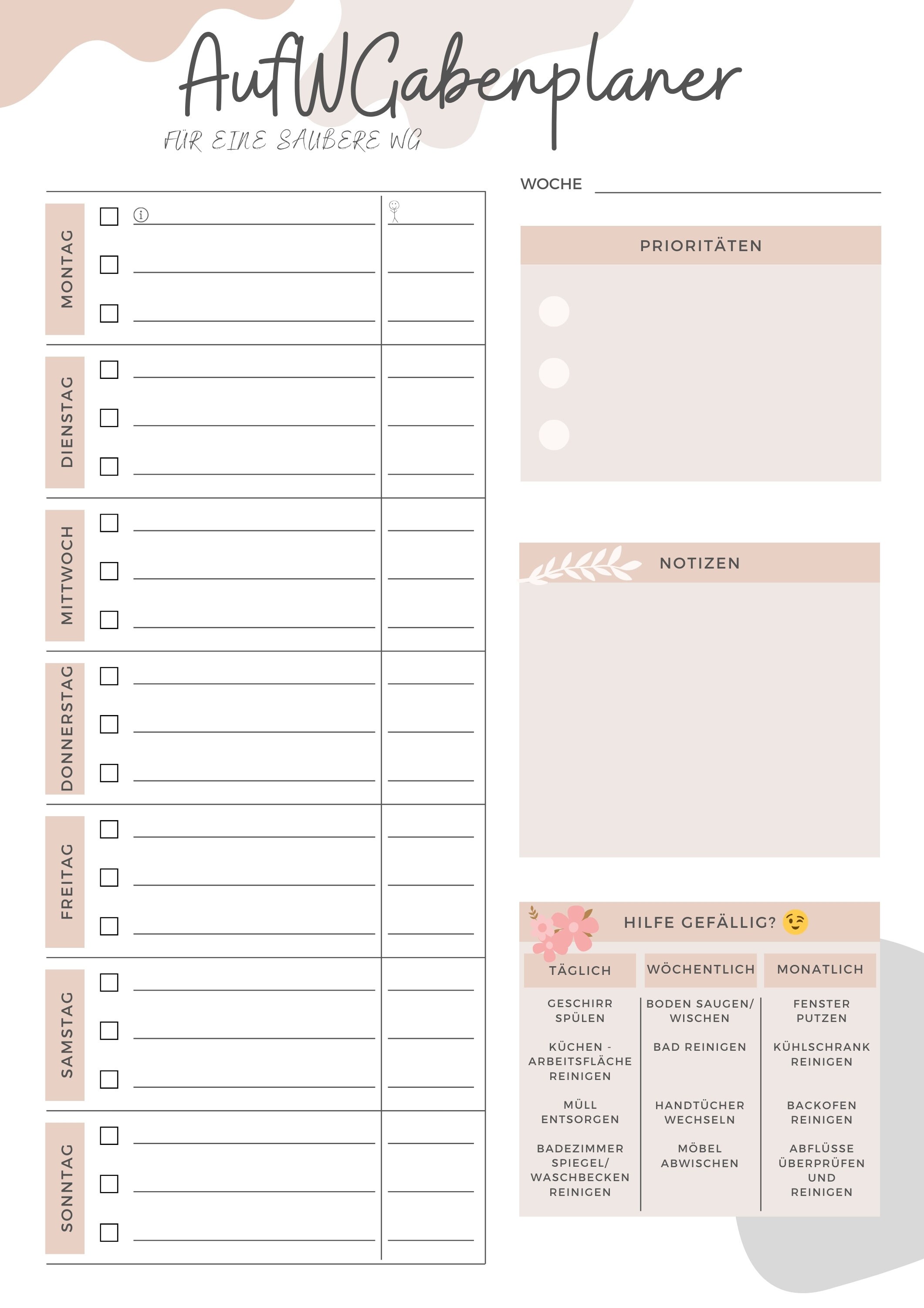 Putzplan Vorlage Für WG - 50 Blatt Abreißblock DIN A4