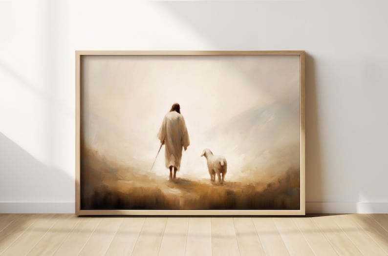 May include: A painting of a person in a white robe walking with a white lamb in a misty landscape.