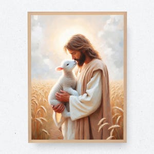 Jesús y las ovejas / Arte bíblico / Arte cristiano / Arte de Jesús / Pintura de Jesús / Pascua / Ovejas / Jesús Cordero / Jesús y las ovejas / Arte SUD / Digital