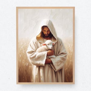 Jesús sosteniendo ovejas / Arte bíblico / Arte cristiano / Arte de Jesús / Pintura de Jesús / Pascua / Ovejas / Jesús Cordero / Jesús y ovejas / Arte SUD