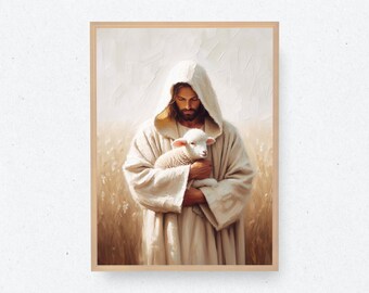 Jesus Holding Sheep | Bible Art | Christian Art | Jesus Art | Jesus Painting | Easter | Sheep | Jesus Lamb | Jesus and Sheep | LDS Art