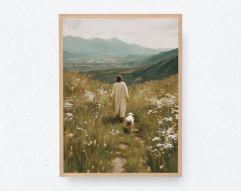 Jesus and Lamb | The Good Shepherd | Lost Sheep | Jesus Sheep | Jesus Leaves the 99 | Bible Art | Christian Wall Art | Jesus Painting | LDS