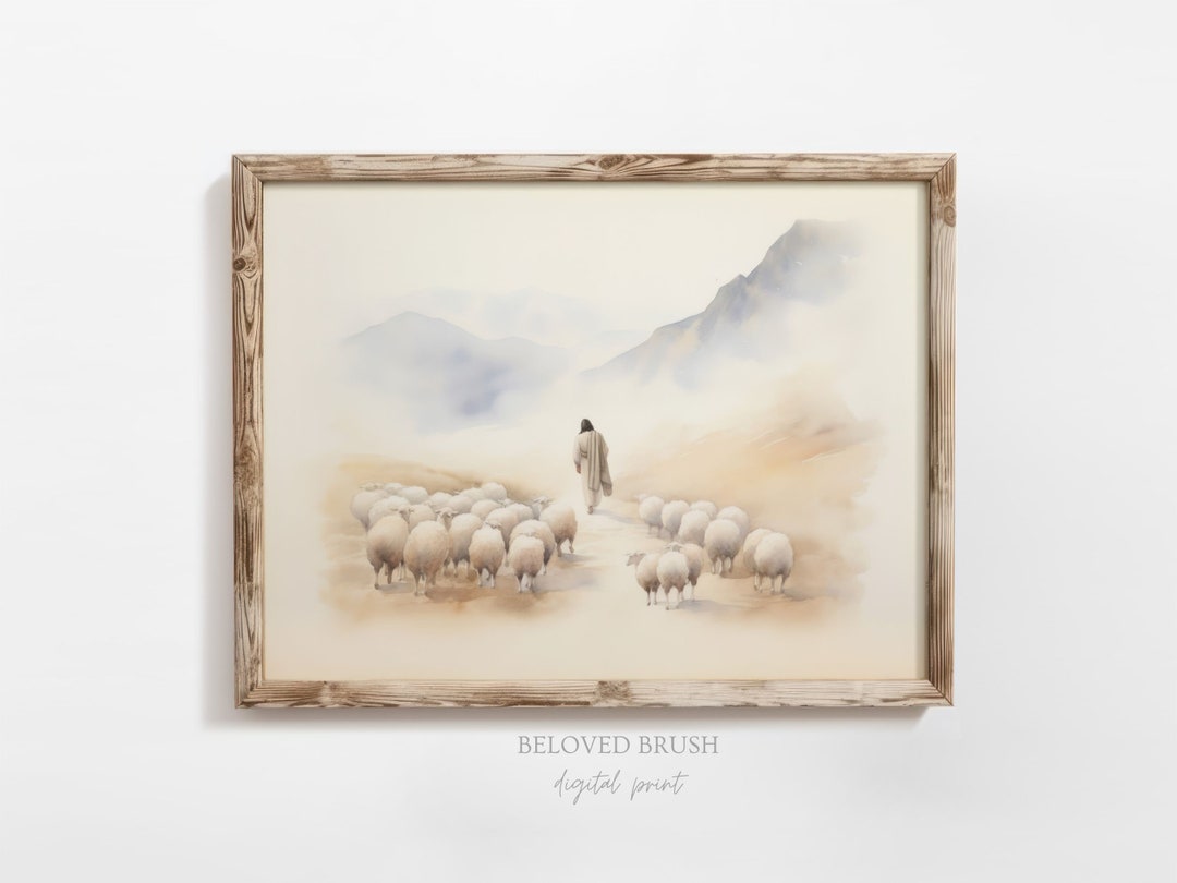 Jesus Leaves the 99, Jesus Watercolor Painting, Jesus the Good Shepherd