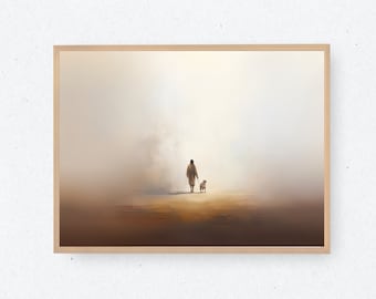 May include: A framed art print depicts a person walking a dog in a serene, minimalist landscape. The artwork features a warm, muted color palette of browns and tans, creating a calming and contemplative atmosphere. The print is encased in a light-colored wooden frame.