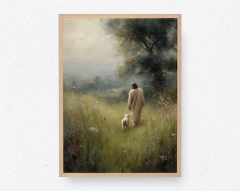 Jesus and Lamb | The Good Shepherd | Lost Sheep | Jesus Sheep | Jesus Leaves the 99 | Bible Art | Christian Wall Art | Jesus Painting | LDS