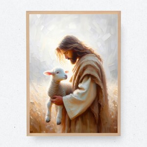 Jesús abrazando ovejas / Arte bíblico / Arte cristiano / Arte de Jesús / Pintura de Jesús / Pascua / Ovejas / Jesús Cordero / Jesús y ovejas / Arte SUD