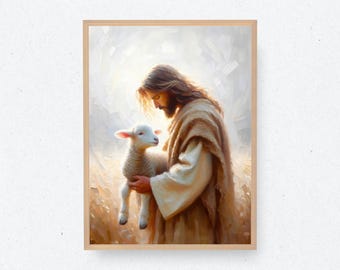 Jesus Hugging Sheep | Bible Art | Christian Art | Jesus Art | Jesus Painting | Easter | Sheep | Jesus Lamb | Jesus and Sheep | LDS Art