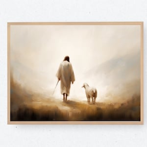 May include: A painting of a man in a white robe walking with a white lamb in a misty landscape.